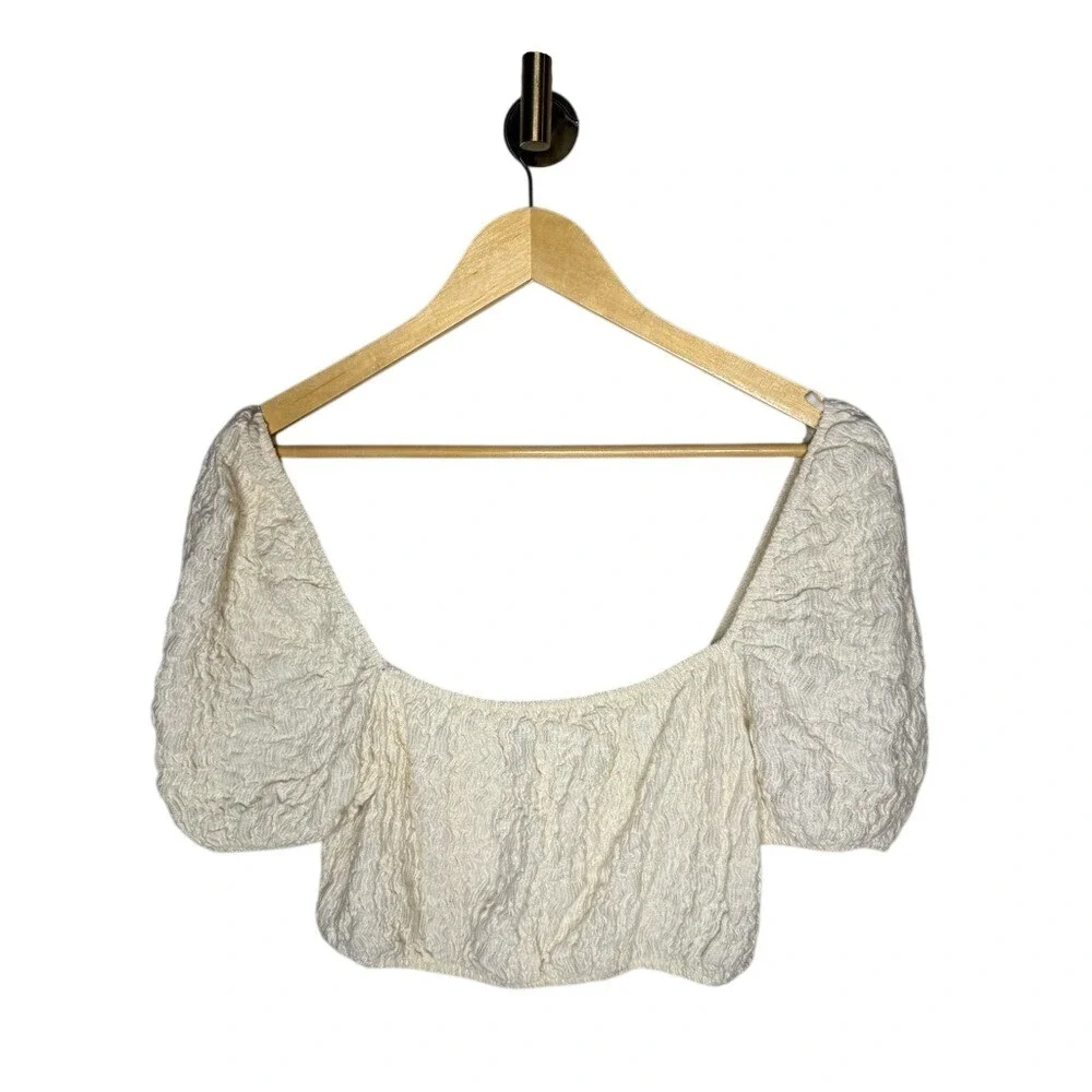 Zara Textured Smocked Crop Top Cream Puff Sleeve‎ Cottagecore Blouse S